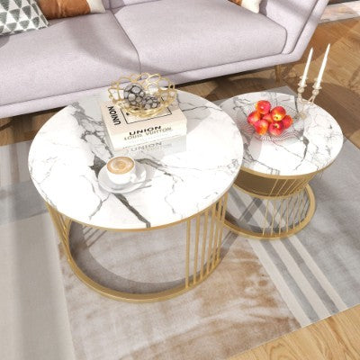 UK Local Round Coffee Tables, Removable Set Of 2 End Table, Nesting Tables With Gold Metal Frame Legs And Marble Pattern Top For Living Room, Bedroom, Office, Balcony, Apartment