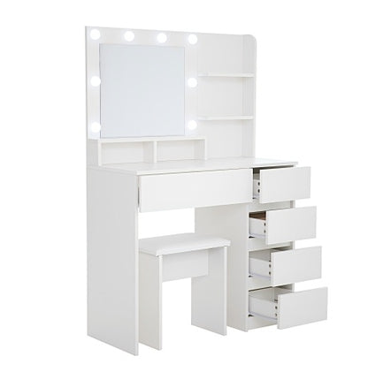 US Local Vanity, Makeup Vanity Desk Set With Mirror & Light, Dressing Table Storage Lots With Power Strip, 3 Lighting Modes With Adjustable Brightness, 37 Inches White With Stool