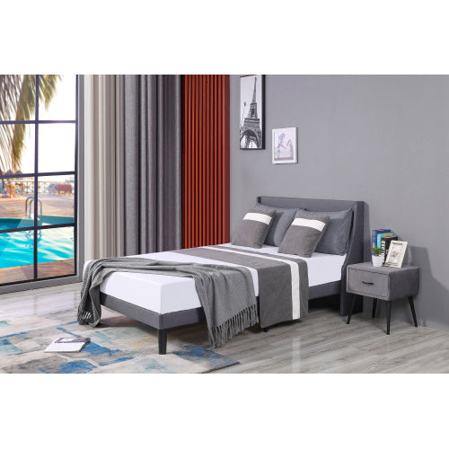 UK Local Double Bed Soft Linen Grey 4FT6 Upholstered Bed With Winged Headboard, Wood Slat Support