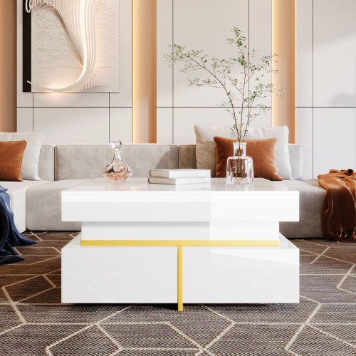 UK Local Coffee Table, High-Gloss Living Room Table, Side Table With Drawers And Gold Accents