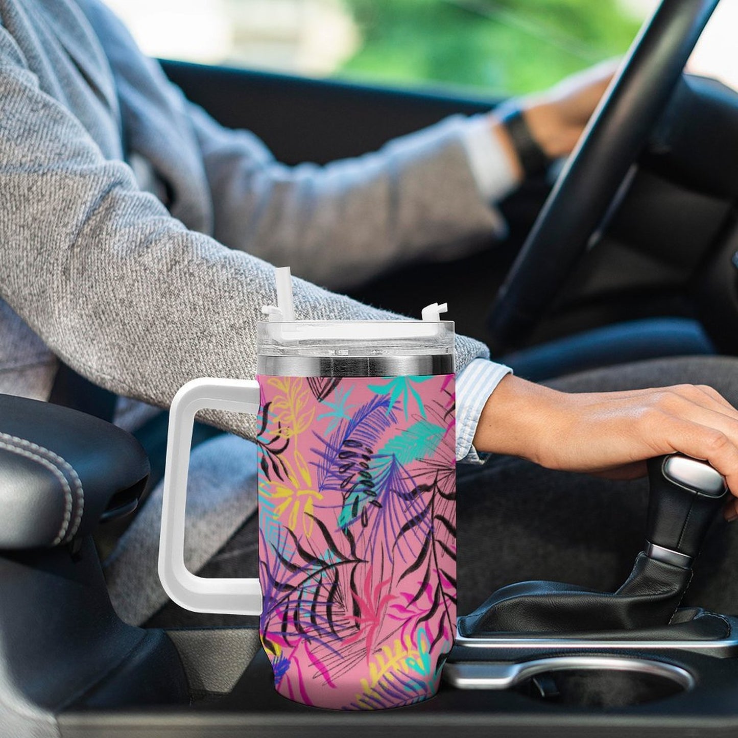 PHDT00388 POD US Local Tumbler 40 oz Large Capacity Car Cup Illustration Leaves Pink