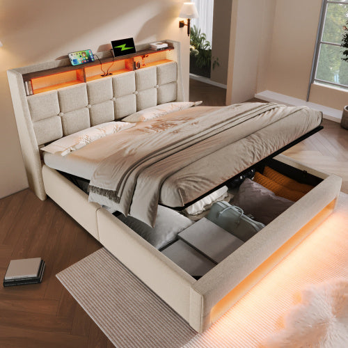 UK Local Upholstered Double Bed 150 X 200 Cm With LED Lighting, USB Type-C Charging Function, Storage Headboard, 5FT King Size Storage Bed Frame With Metal Slatted Frame, Linen, Beige No Mattress