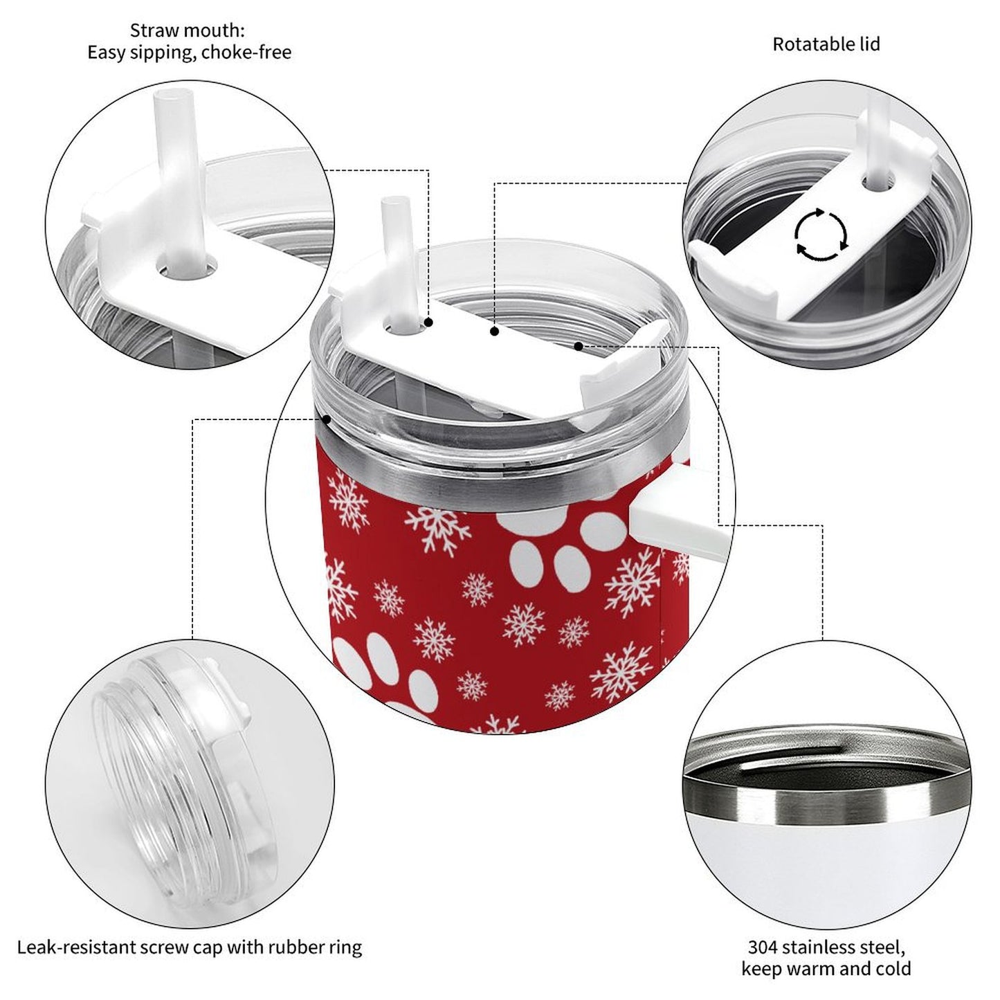 PHDT00313 POD US Local Tumbler 40 oz Large Capacity Car Cup Christmas Snowflakes Cats Dogs Paws Snowflakes Red