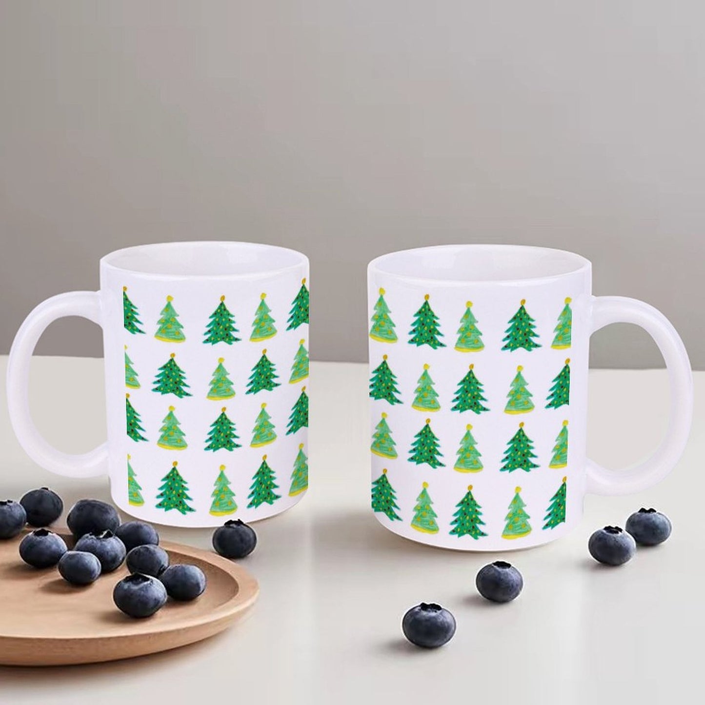 POD US Local White mug with full print, Christmas Tree, Hand Painted, Green 0009