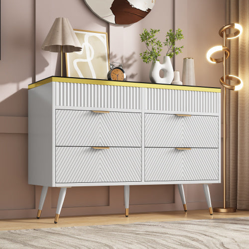 UK Local Sideboard Cabinet Dresser With 6 Drawers,Amber Glass Chest Of Drawers, Compartmentalised Storage,Anti-tip,Dressing Table For Living Room, Hallway, Bedroom, And Children's Room, 120 X 40 X 76 Cm, White