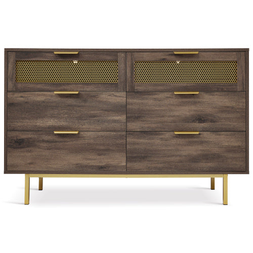 UK Local Sideboard Cabinet Dresser With 6 Drawers, Metal Handles Dresser, Multipurpose Cabinet For Hallway, Bedroom, Living Room, And Children's Room.120 X 40 X 76 Cm, Dark Brown