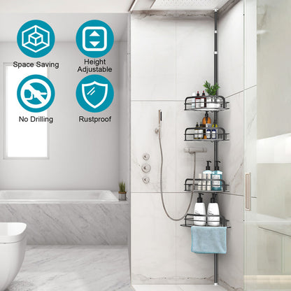 US Local Corner Shower Caddy Tension Pole, Quick Setup, Rust-Free Bathroom Shower Organizer Corner For Bathtub Shampoo Storage, 4-Tier Adjustable Shelf, Drill Free, Fits 8.66 To 116 Inch Height, Black