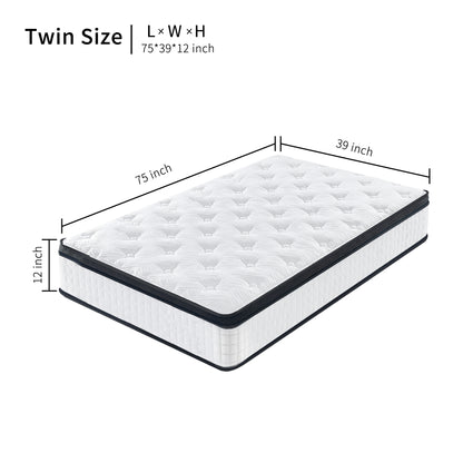 US Local 12 Inch Hybrid Mattress Individual Pocket Spring Memory Foam Knitted Cover CertiPUR-US White