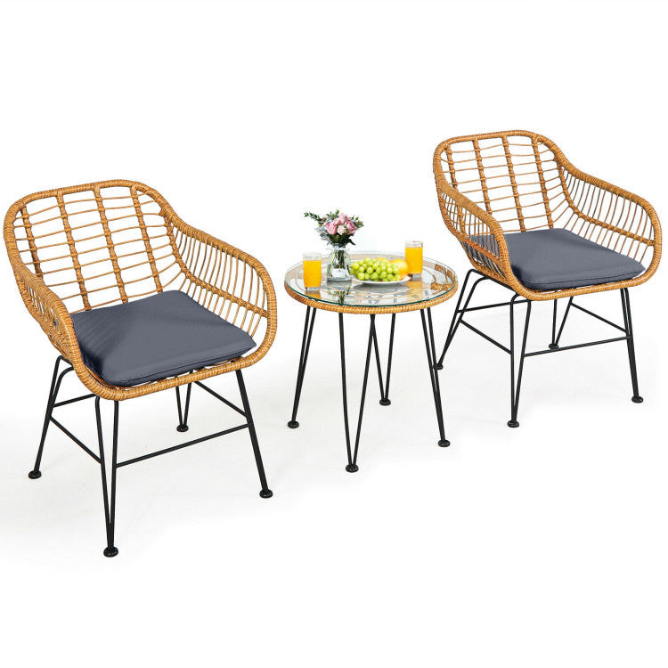US Local 3 Pieces Rattan Furniture Set With Cushioned Chair Table