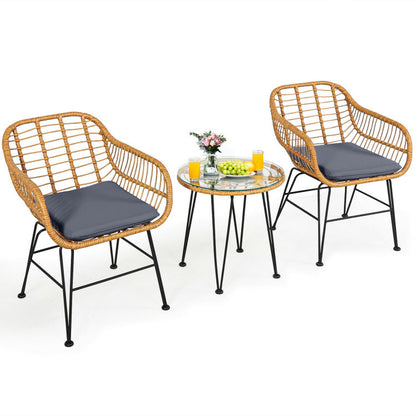 US Local 3 Pieces Rattan Furniture Set With Cushioned Chair Table