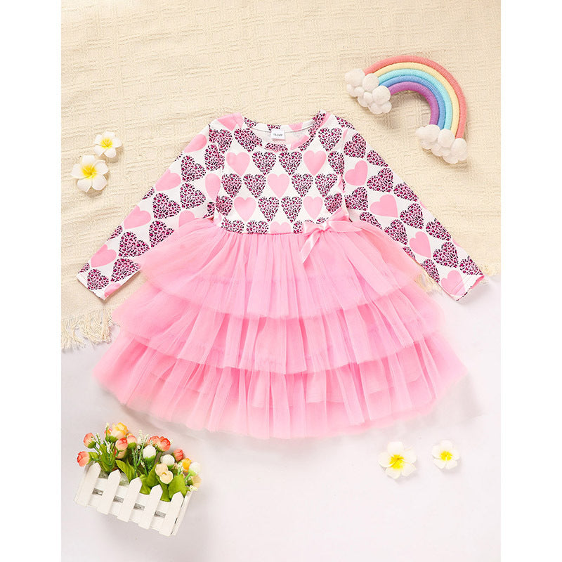US Local Toddler Girls Outfits Long Sleeve Graphic Heart Print Mesh Tulle Dress Valentine Birthday Party Dresses
