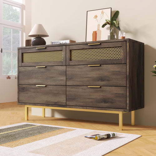 UK Local Sideboard Cabinet Dresser With 6 Drawers, Metal Handles Dresser, Multipurpose Cabinet For Hallway, Bedroom, Living Room, And Children's Room.120 X 40 X 76 Cm, Dark Brown