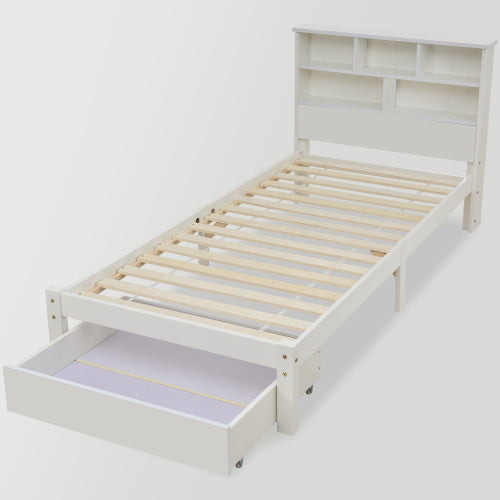 UK Local Bed With Shelves, White Wooden Storage Bed, Underbed Drawer - 3FT Single 90 X 190 Cm Frame Only