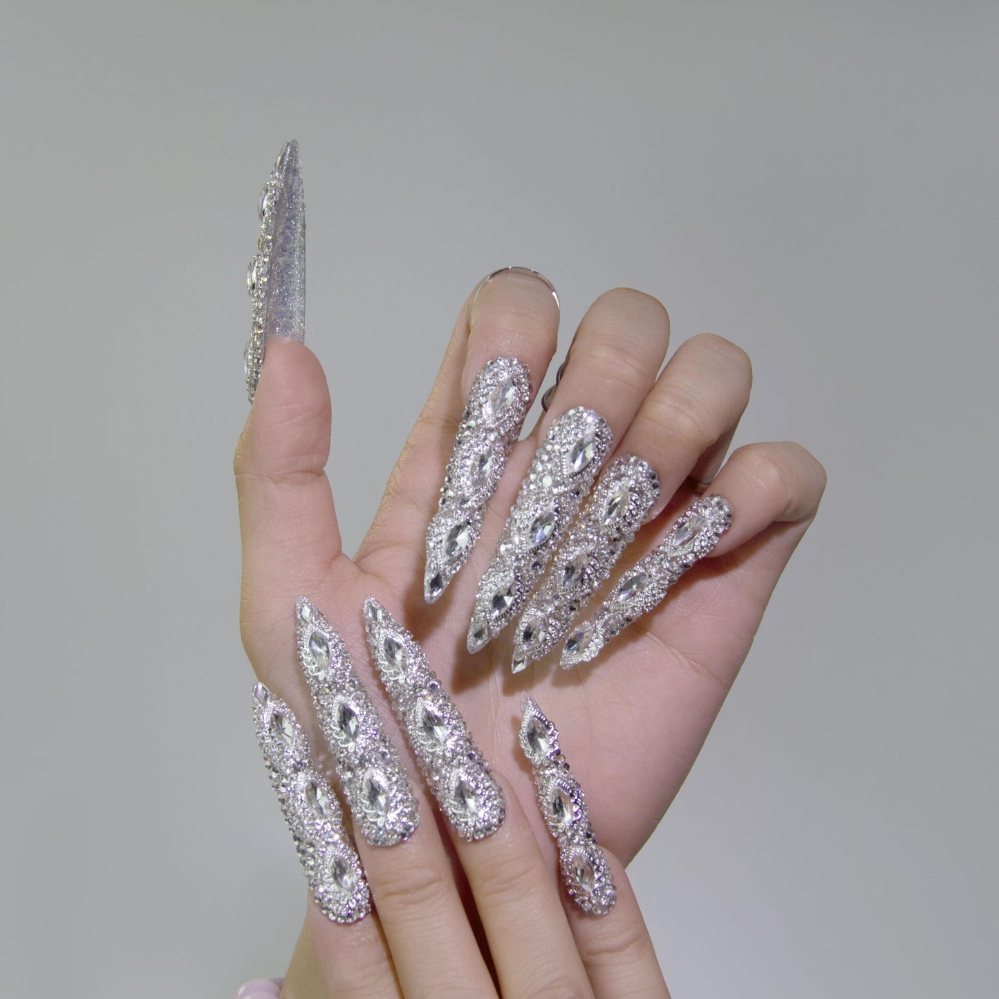US Local GGddsha Queen Of Haute Style Full Diamond Long AlmondPress On Nails PMMA Acrylic Handmade Nails Full Deluxe 3DCrystal Fake Nails,Glacial Empress