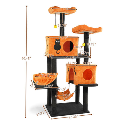 US Local Halloween Cat Tree, Large Cat Tower With 2 Spacious Cat Condos, 2 Padded Perches, 2 Hammocks, Scratching Posts, Hanging Toy, Multi-Level Cat Activities Furniture For Large Cats, Orange & Black