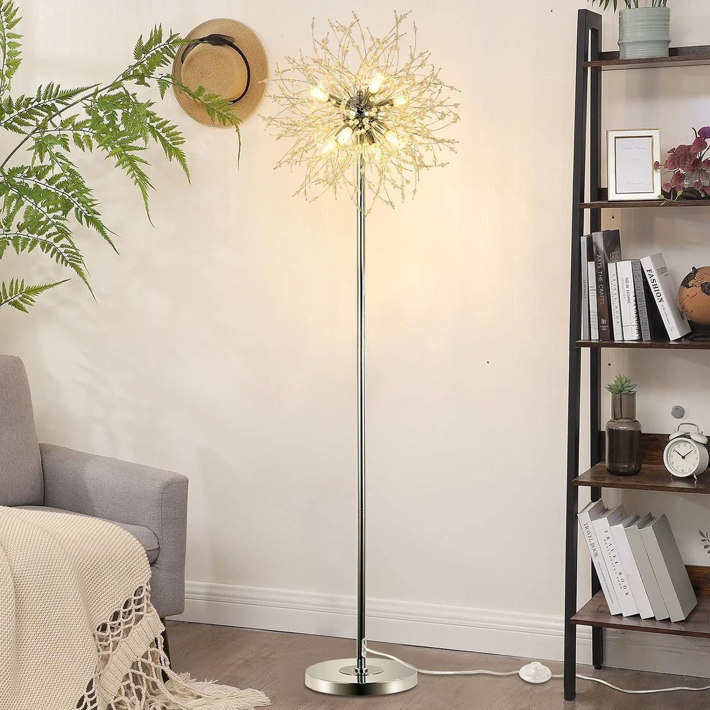 US Local Bedroom Crystal Floor Lamp,,69 Inch High Pole Lamp,Modern Room Decorative Floor Lamp,Includes 32 Fireworks Crystal Suspenders, Chrome Finish