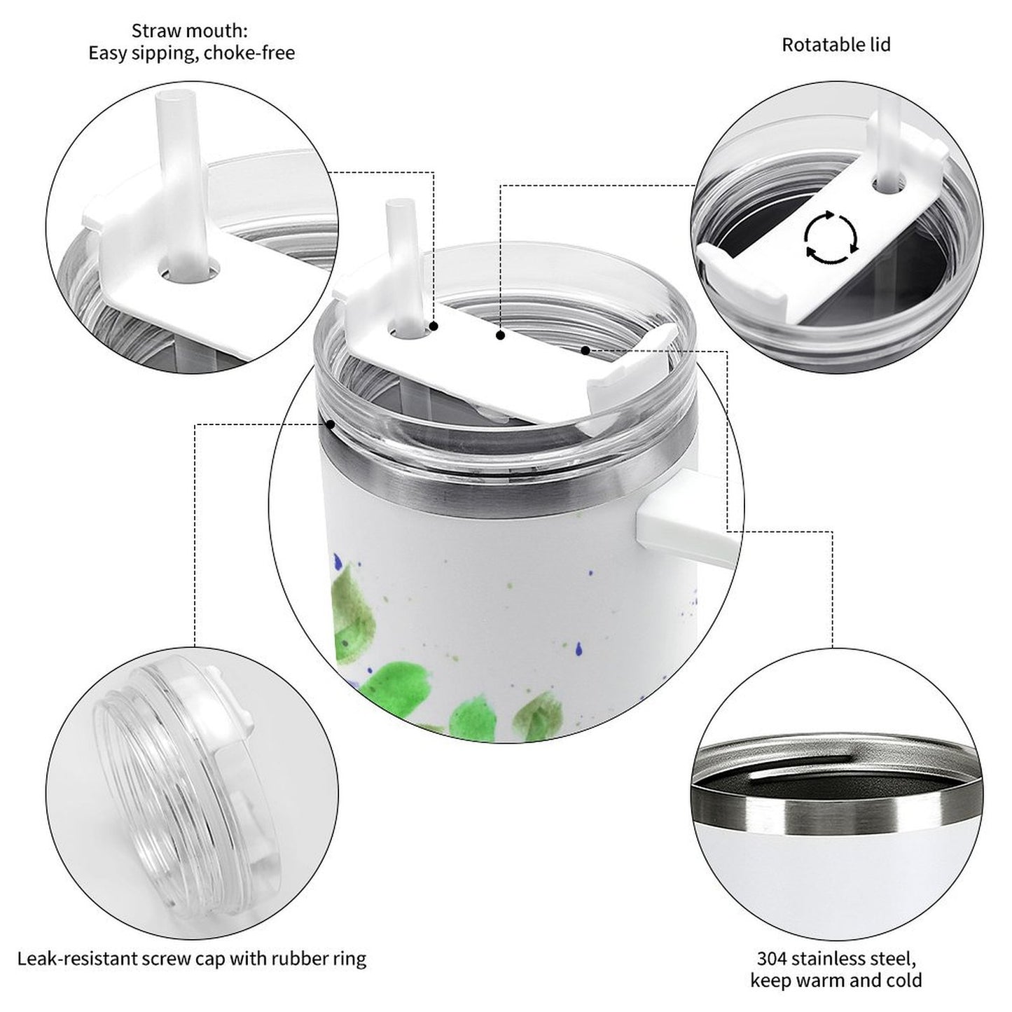 PHDT00144 POD US Local Tumbler 40 oz Large Capacity Car Cup Watercolor, Blue Flowers, Green Leaves