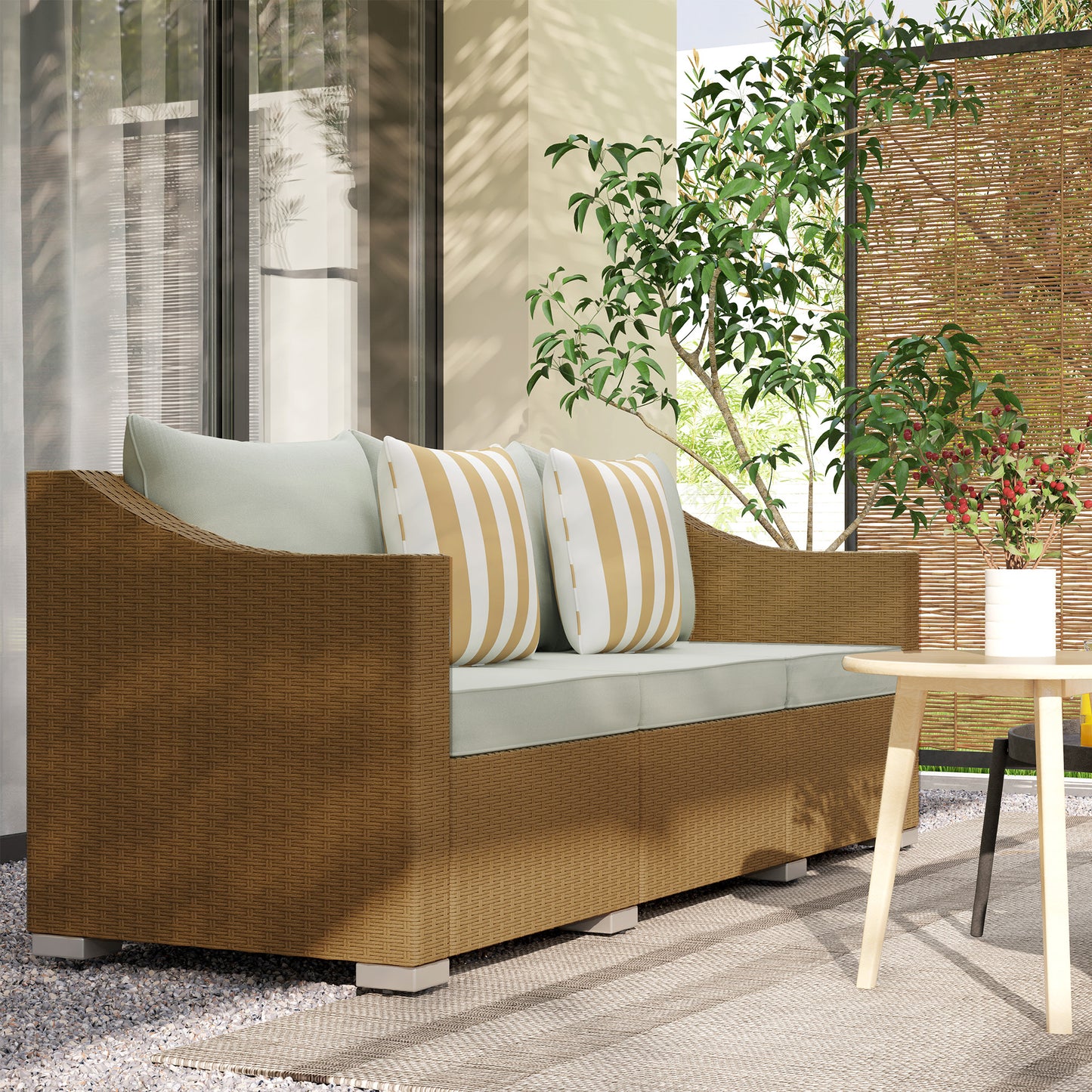 US Local Rattan Wicker 3 Seater Patio Couch With Cushions, 2 Throw Pillows, Outdoor Furniture Rattan Sofa, Light Gray