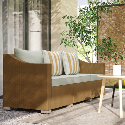 US Local Rattan Wicker 3 Seater Patio Couch With Cushions, 2 Throw Pillows, Outdoor Furniture Rattan Sofa, Light Gray
