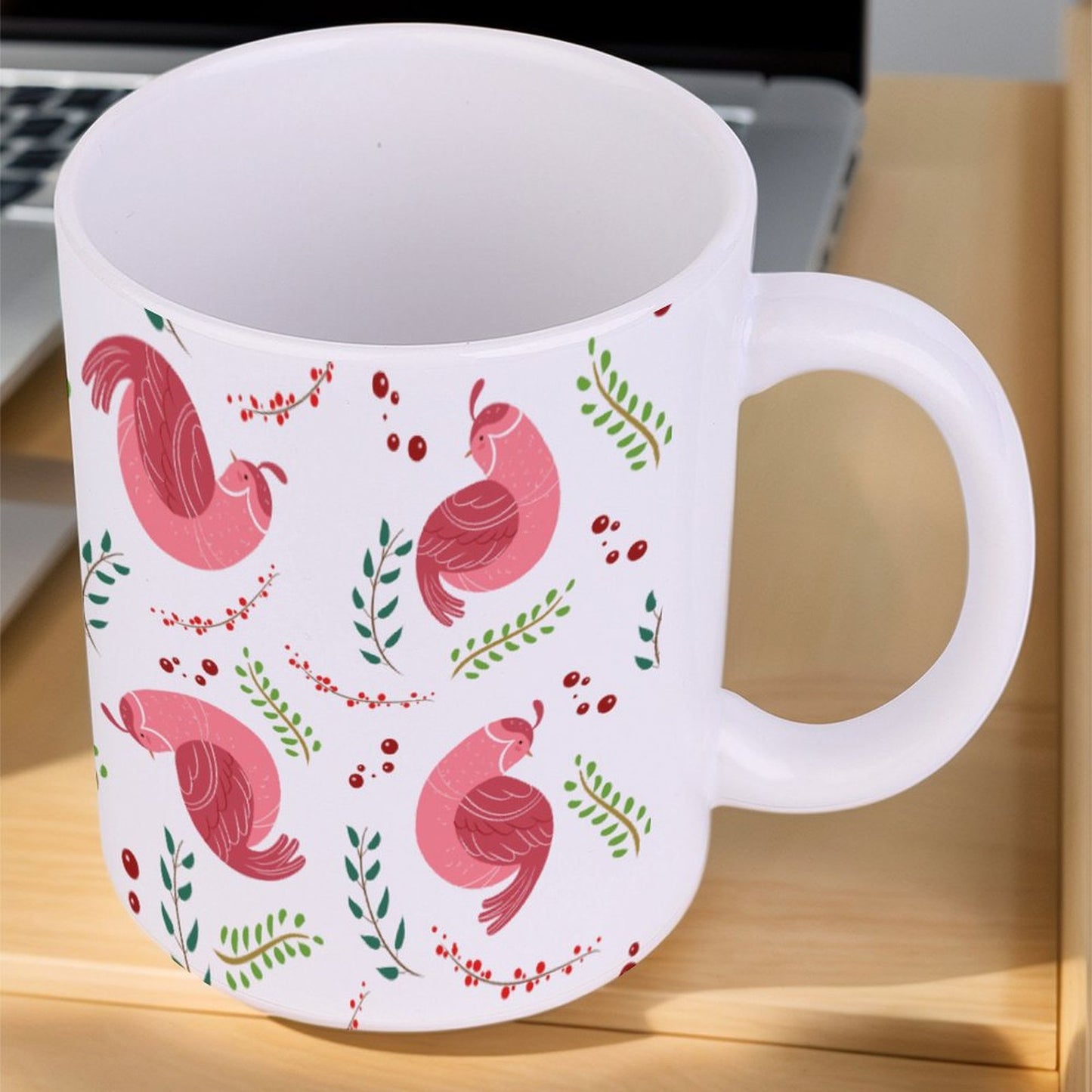 POD US Local White mug with full print, Christmas Bird Branches Pink 0068