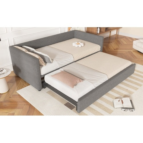 UK Local Upholstered Bed, 3FT Single Bed 90x190cm, Bottom With Bed 90x190cm, Can Be Joined Into A Double Bed, Daybed Sofa Bed, Youth Bed, For Adults  Teenagers, Easy Assembly, Linen, Grey