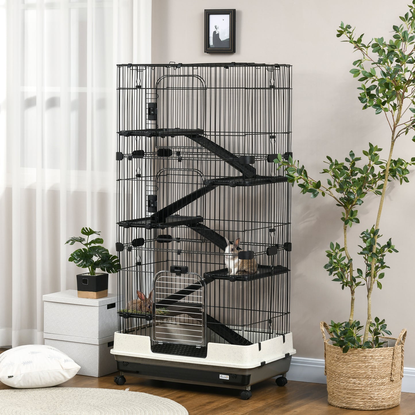 US Local 32L 6-Level Small Animal Cage Rabbit Hutch With Wheels Slide-out Tray Black For Bunny Chinchillas Ferret