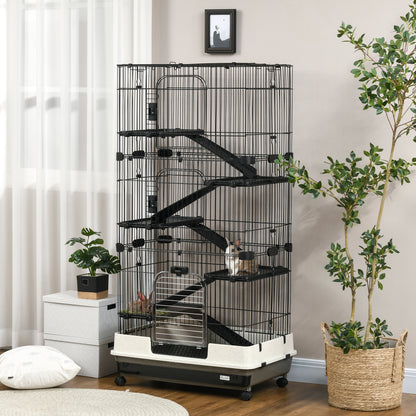 US Local 32L 6-Level Small Animal Cage Rabbit Hutch With Wheels Slide-out Tray Black For Bunny Chinchillas Ferret