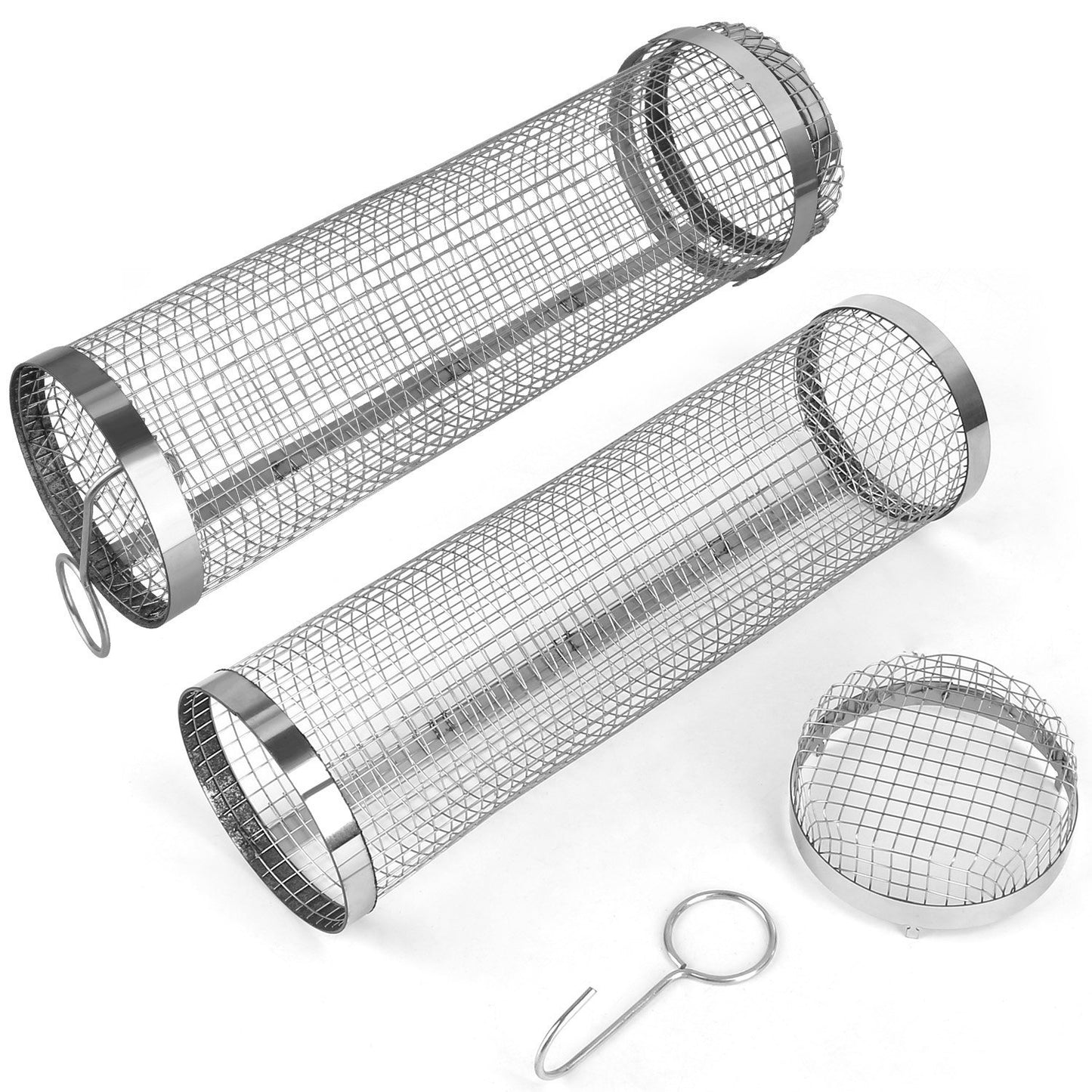 US Local 2Pcs 3.42x11.61Inch Portable BBQ Rolling Basket Round Stainless Steel Grill Mesh Barbecue Net Tube With Removable Cover Outdoor Camping