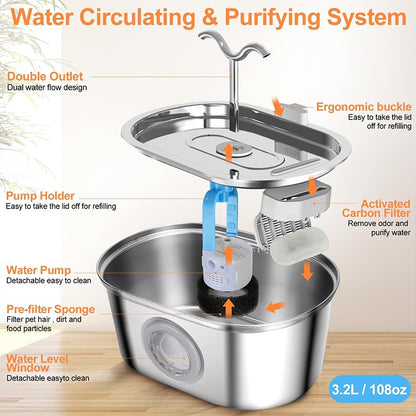 US Local 3.2L Cowhorn Model Pet Water Dispenser - Stainless Steel Automatic Water Fountain With 4 Replaceable Filters