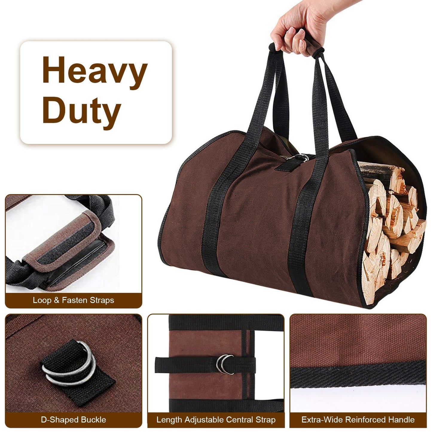 US Local 1 Pc Firewood Carrier Bag With Handle Durable Wear Resistant Fireplace Logs Holder Side Opening Wood Storage Carrying Bag For Indoor Fireplace Outdoor Camping