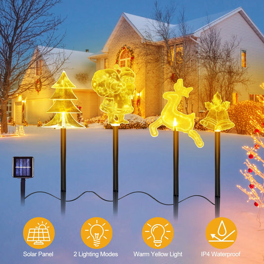 US Local 1 Set Of 5Pcs Mixed Christmas Decoration Light Solar Stake Light Waterproof Reindeer Snowflake Bell Christmas Tree Santa Claus Light Outdoor Landscape Light