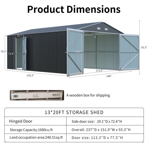 US Local Spacious Outdoor Storage Shed This 13  20FT Outdoor Storage Shed Offers A Generous 250 Square Feet Of Floor Space, Perfect For Storing Trucks, Cars, Large Tools, And Lawn Equipment. With Double Front