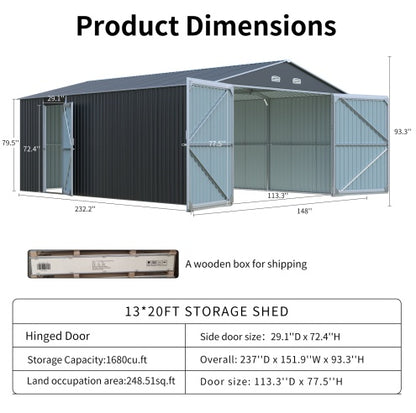 US Local Spacious Outdoor Storage Shed This 13  20FT Outdoor Storage Shed Offers A Generous 250 Square Feet Of Floor Space, Perfect For Storing Trucks, Cars, Large Tools, And Lawn Equipment. With Double Front