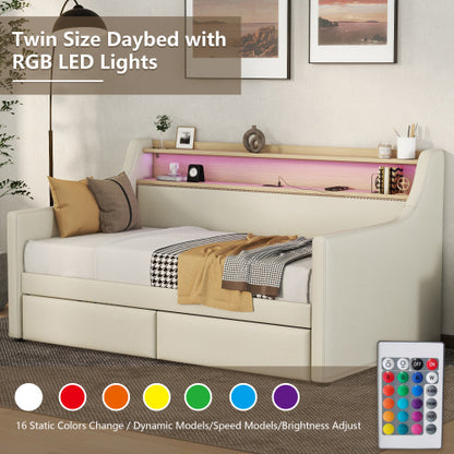 US Local Twin Size Daybed With Storage Drawers, Upholstered Daybed With Charging Station And LED Lights, Beige
