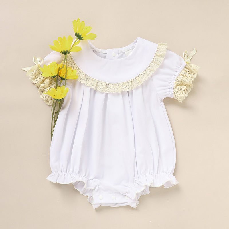 US Local Baby Girl White Lace Romper Soft & Stylish Short Sleeve Bubble Jumpsuit For Wedding Season & Summer