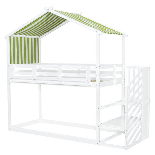 UK Local Bunk Bed, Teen Bed, Children's Bed, 3ft 90x190cm, MDF  Pinewood  Plywood, Decorative Canopy, Corner Staircase, With A Small Picture Bookshelf, White  Green