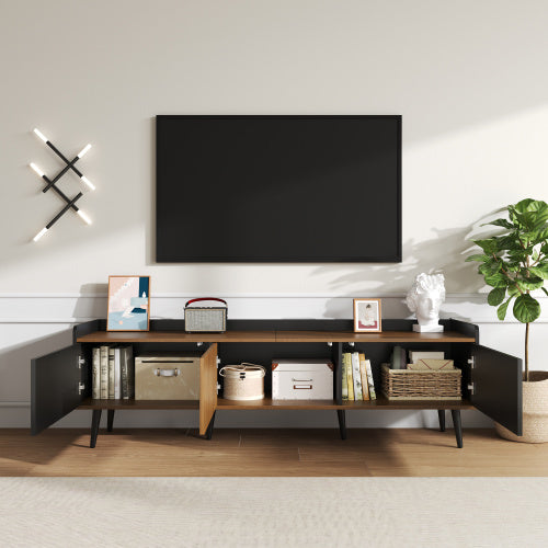 UK Local TV Cabinet, TV Table, TV Stand, Three-Door Base Cabinet. Compact Design. Black And Natural Wood Finish. Height 49.5 Cm  Length 160 Cm  Width 39 Cm