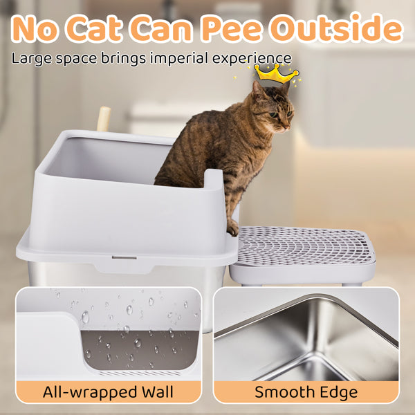 US Local 61x40x33CM, Litter Box, Stainless Steel And Plastic, Upper And Lower Snap Type, With Litter Spatula, Foot Pad - Grey