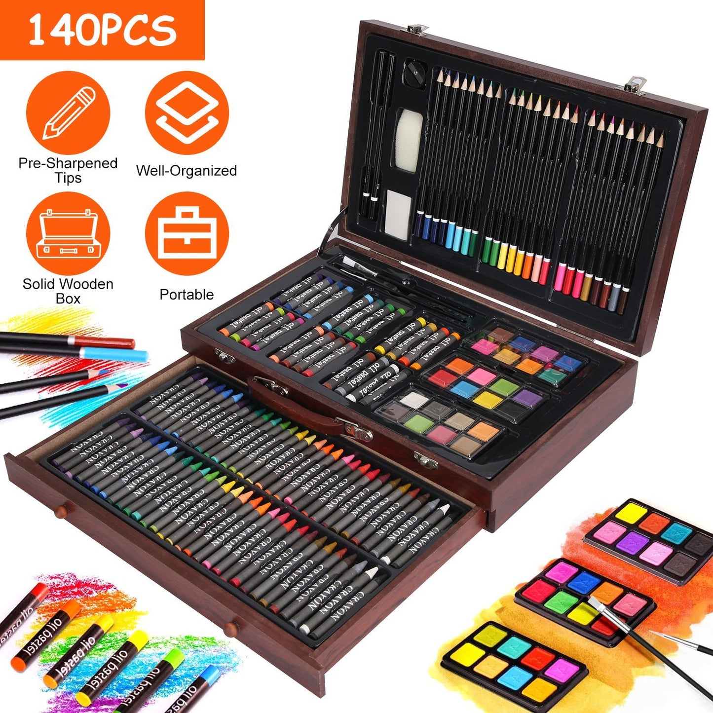 US Local 140Pcs Art Supplies With Colored Pencils Oil Pastels Crayons, Watercolor Cakes Brushes Sharpener Eraser In Elegant Wooden Box Professional Art Kit For Kids Adults Beginners Pros