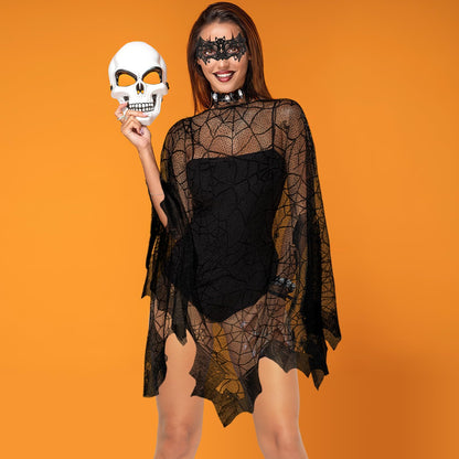 US Local 2 Pcs Halloween Poncho For Women Black Bat Spider Web Poncho And Lace Mask Masquerade Mask Halloween Party Cosplay Costume Accessory Day Of The Dead Costume