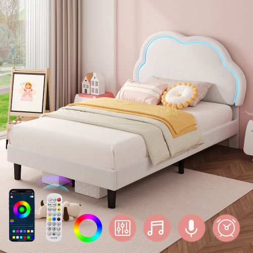 UK Local 3ft Single Upholstered Bed With LED Adjustable Cute Cloud Headboard, Soft Velvet Bed Frame With Solid Wood Slat, No Box Spring Needed, Easy Assembly, Cream White No Mattress