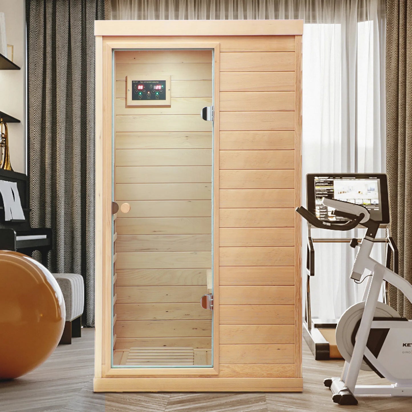 US Local Hemlock Mini One Person Far Infrared Door On The Left Of The Indoor Sauna Room
