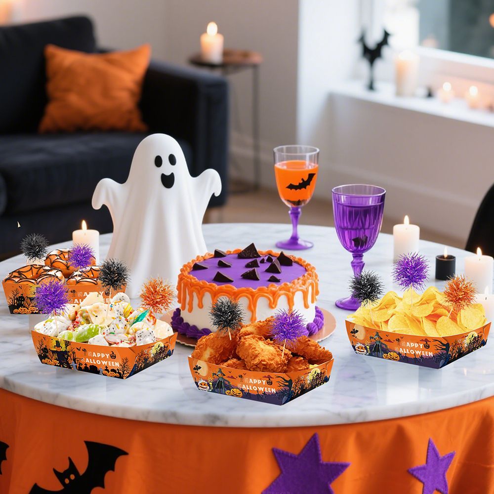 US Local 72 Pcs Halloween Party Supplies Halloween Disposable Paper Food Trays With 60 Pcs Firework Party Picks For Halloween Food Storage Charcuterie Board Serving