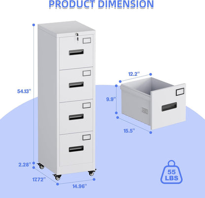 US Local METAN 4 Drawer Vertical File Cabinet On Wheels, Lockable Office Files Storage Cabinet With Handle And Name Card,Mobile Storage Cabinet For Office And Home,Assembly Required,White