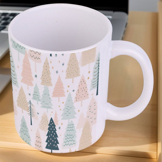 POD US Local White mug with full print, Christmas Trees, Woods, Pink 0005