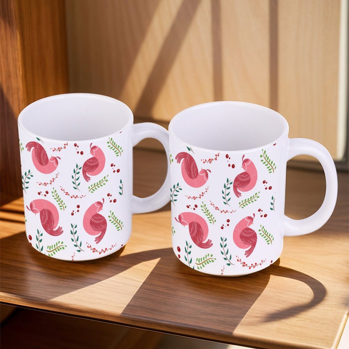 POD US Local White mug with full print, Christmas Bird Branches Pink 0068