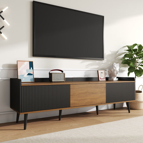 UK Local TV Cabinet, TV Table, TV Stand, Three-Door Base Cabinet. Compact Design. Black And Natural Wood Finish. Height 49.5 Cm  Length 160 Cm  Width 39 Cm