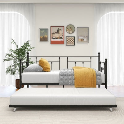 US Local Twin Size Daybed Metal Frame With Trundle Set, Twin Day Bed Sofa, Daybed And Roll Sofa Bed For Guest Room, Bedroom, Living Room, Victorian Style, Black