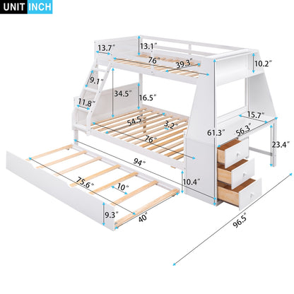 US Local Twin Full Bunk Bed W Trundle, Desk, 3 Drawers  Shelf - White