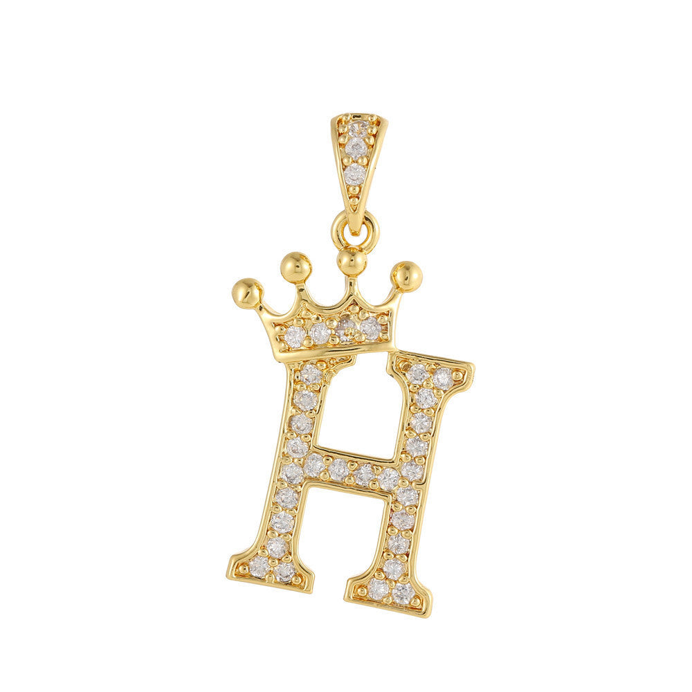 Gold Plated Copper Inlaid Zircon Crown 26 English Letters Full Diamond Pendant Parts